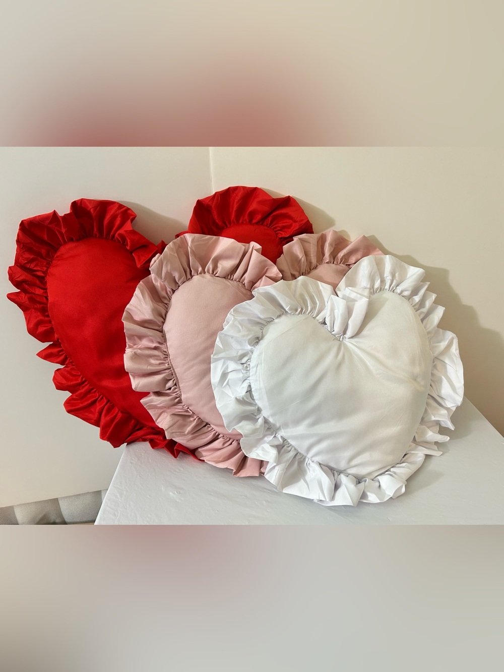 Ruffled Heart Throw Pillows - White, Blush Pink & Red Set